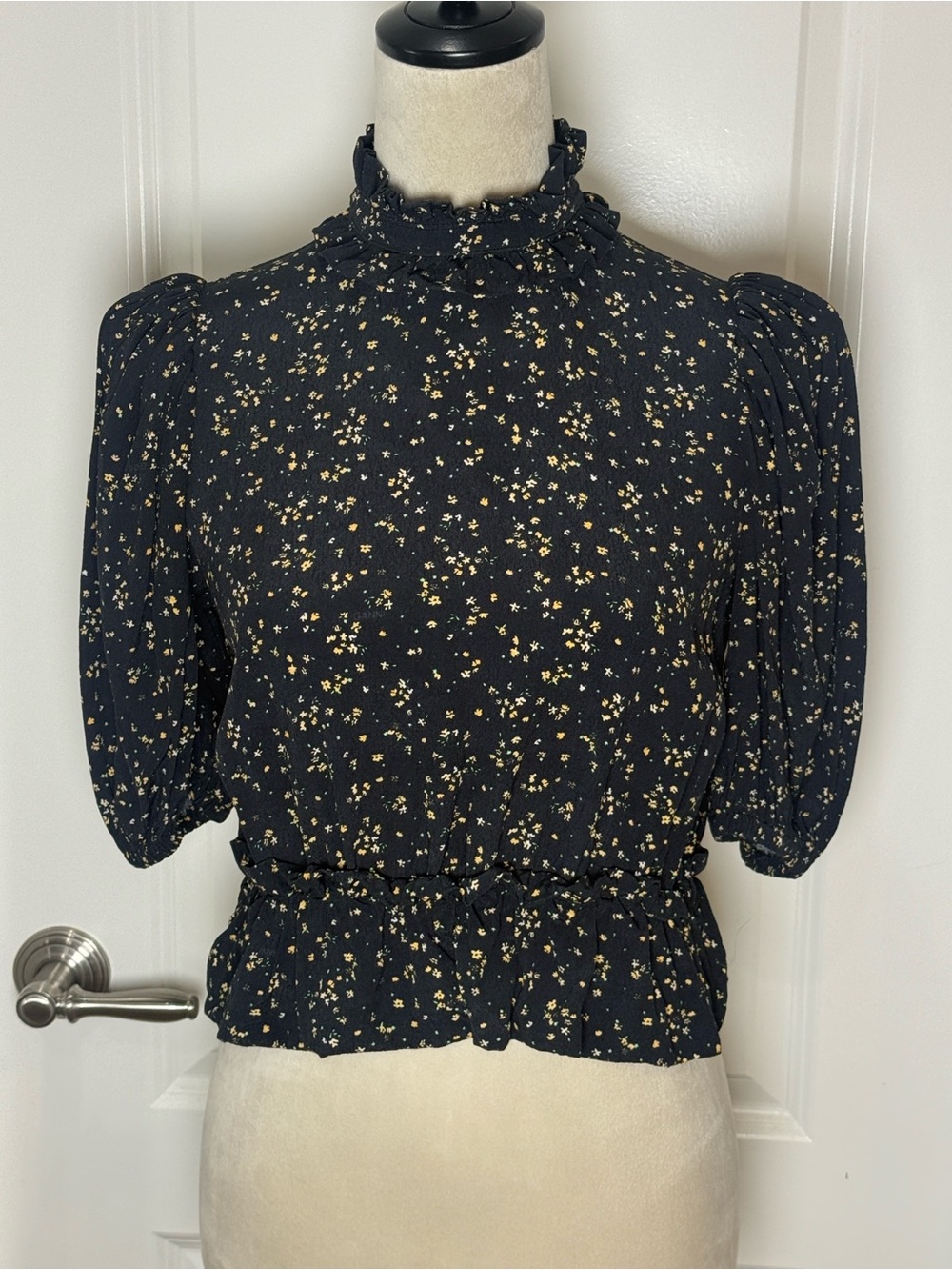 Ganni Black Puff-Sleeve Floral High-Neck Crop Top